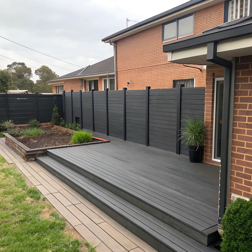 composite screening board privacy wall on timber deck Newcastle