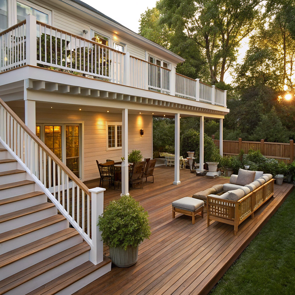 Custom deck Newcastle NSW — outdoor dining and lounge zones on multi-level timber deck