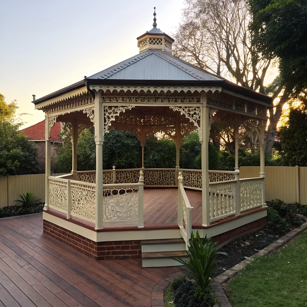 Custom timber gazebo built alongside a federation style home in Newcastle NSW