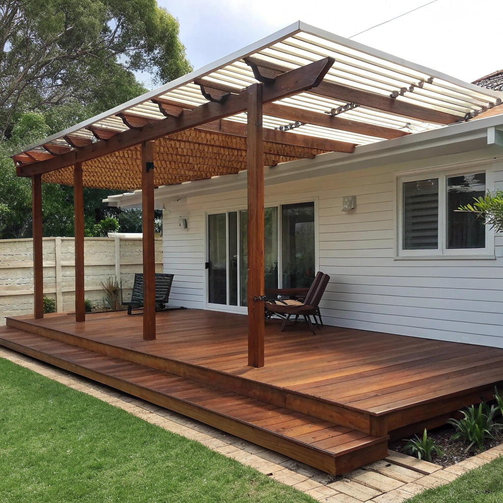 Timber deck and open battened pergola combination on the rear of a weatherboard home in Newcastle