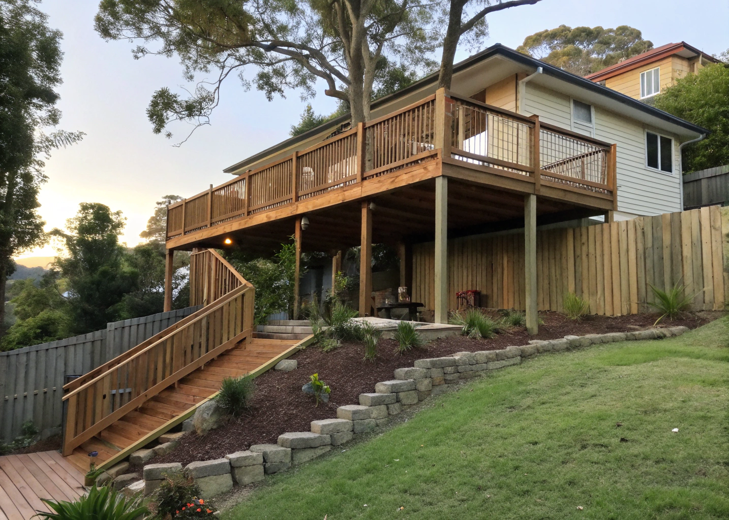 Elevated deck installation on sloped block Newcastle