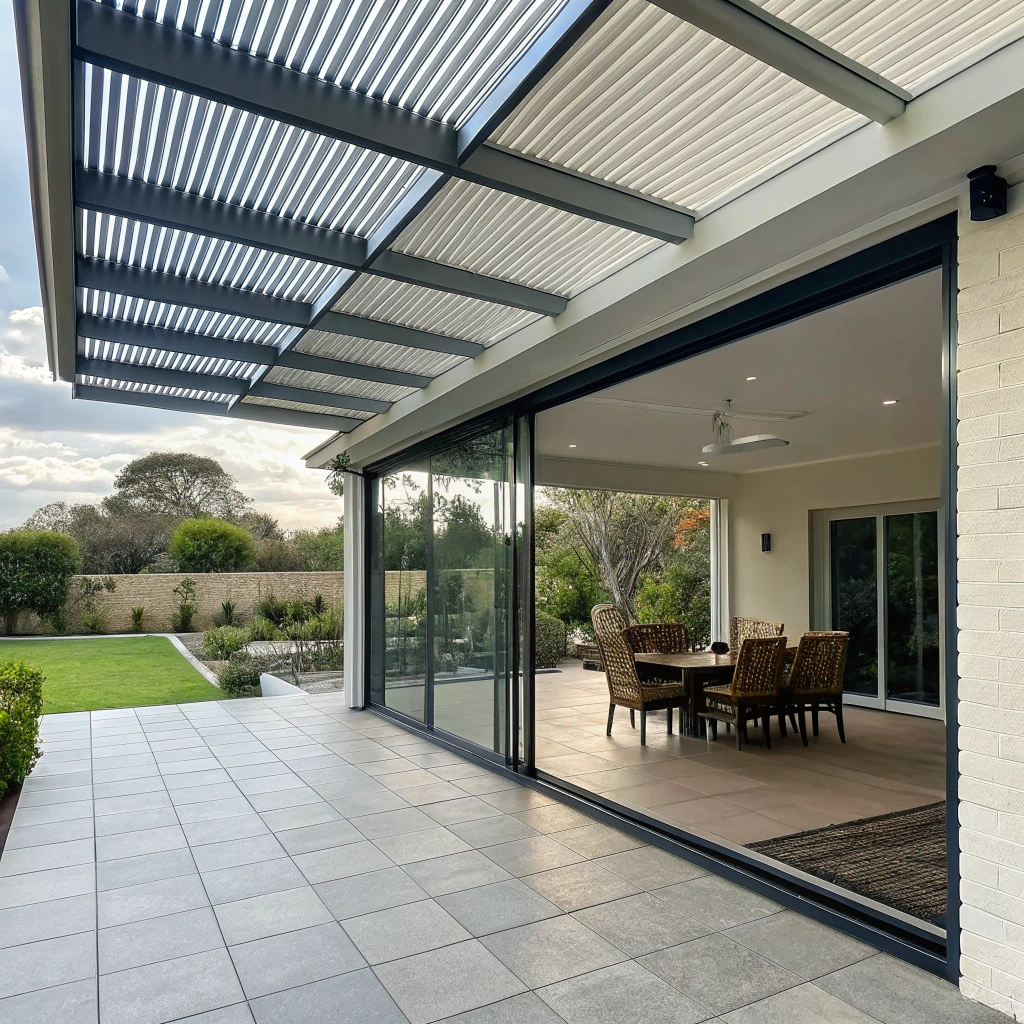 Fully enclosed outdoor alfresco room with louvre roof and glass sliding doors Newcastle home