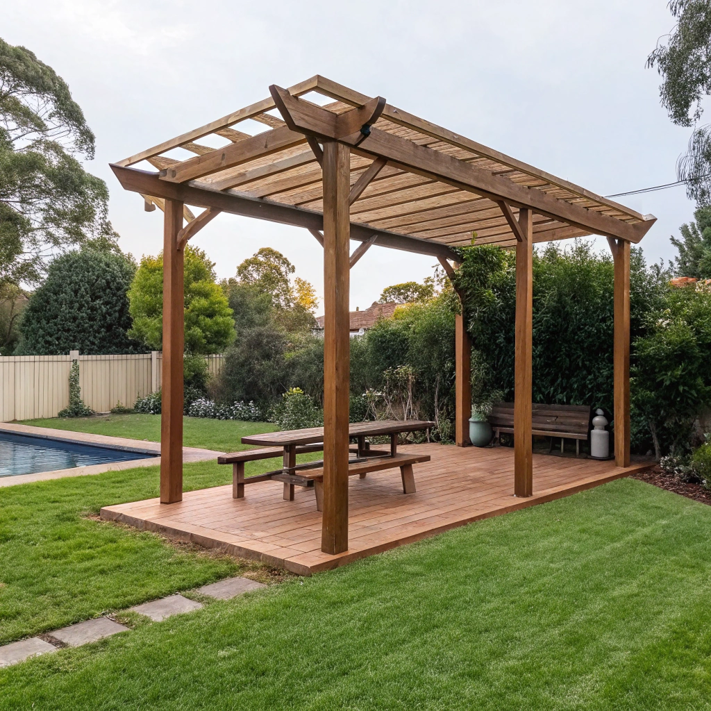 Freestanding timber pergola with open batten roof in a suburban Newcastle backyard