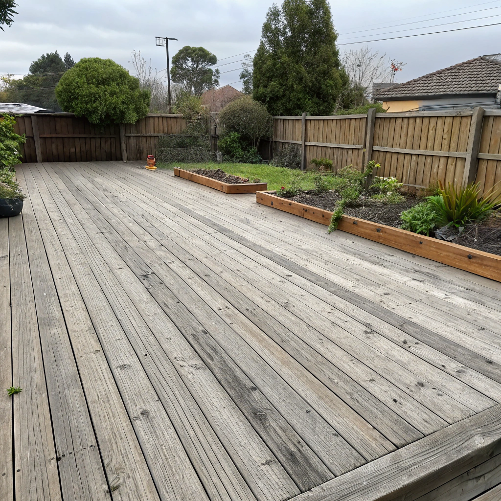 Weathered and greyed timber deck before restoration Newcastle