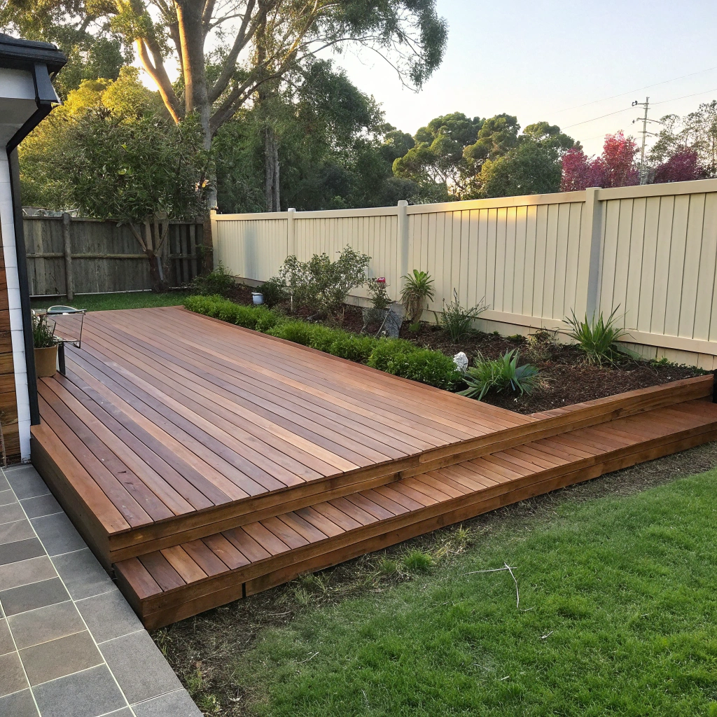Ground-level deck garden integration Newcastle with step threshold detail