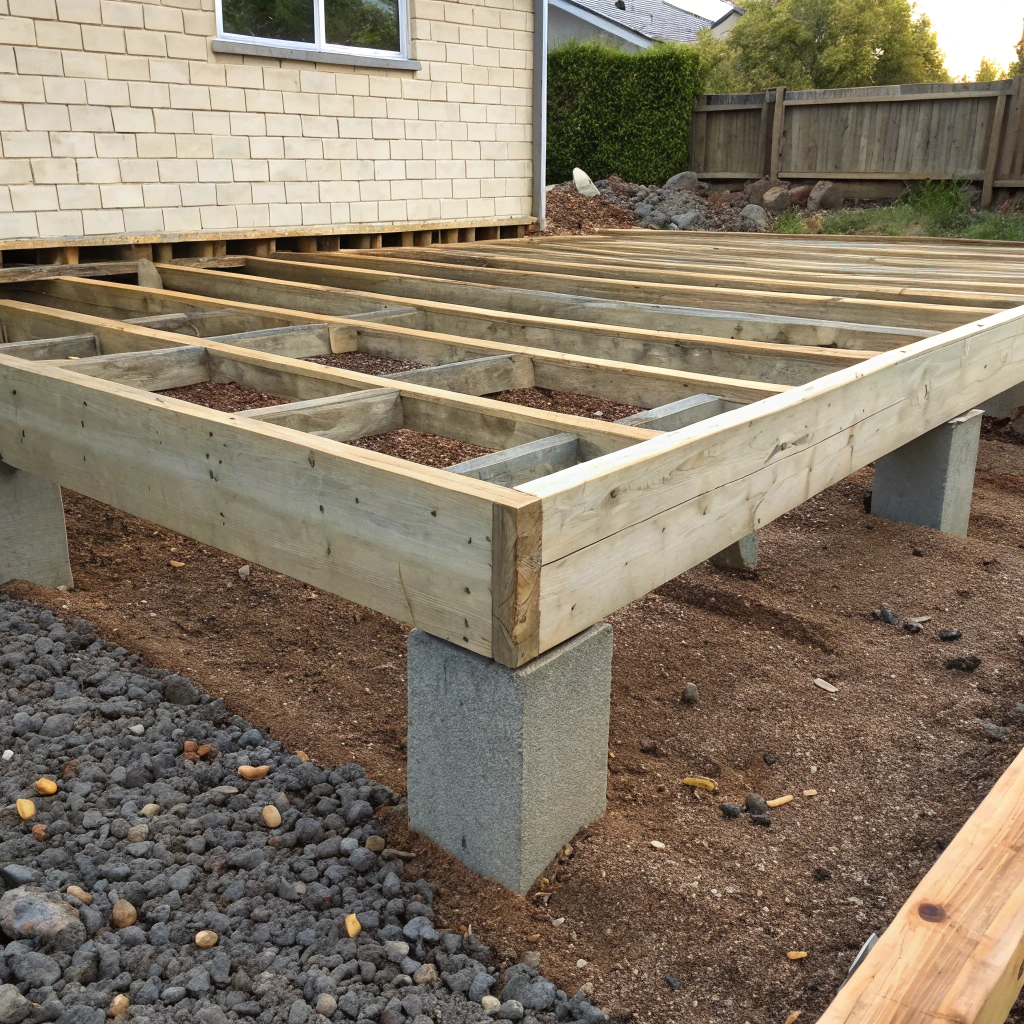 Ground-level deck subframe construction Newcastle showing bearer and joist layout