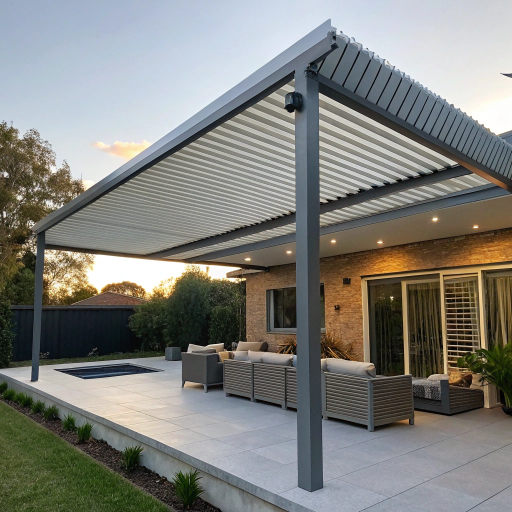 Modern aluminium louvre roof pergola attached to an Australian home with blades open