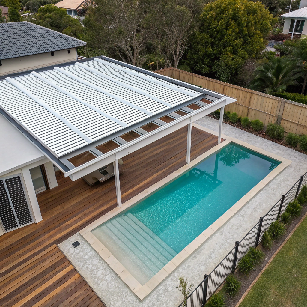 louvre roof shade structure installed over pool surrounds newcastle backyard