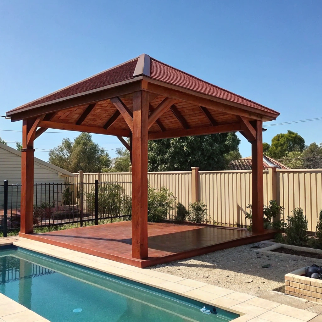 Merbau timber gazebo installed poolside in a Newcastle residential property