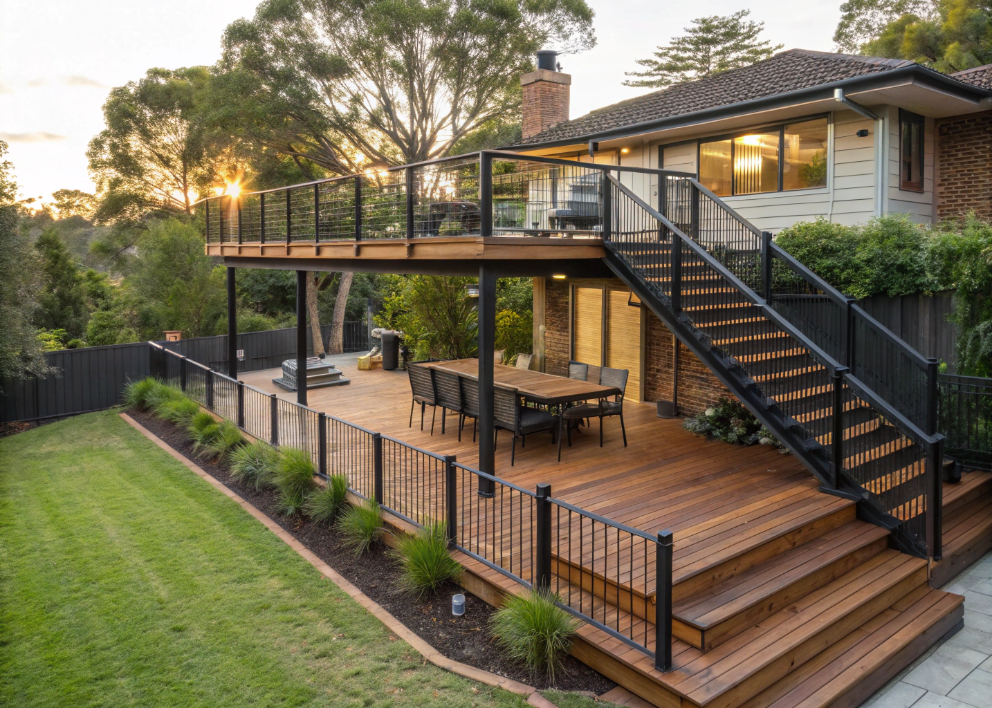 Multi-level deck building Newcastle on a sloped residential block