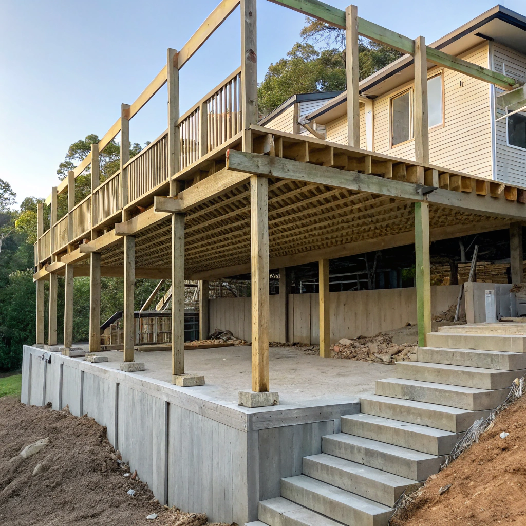 Multi-level deck framing construction Newcastle showing bearer and post configuration