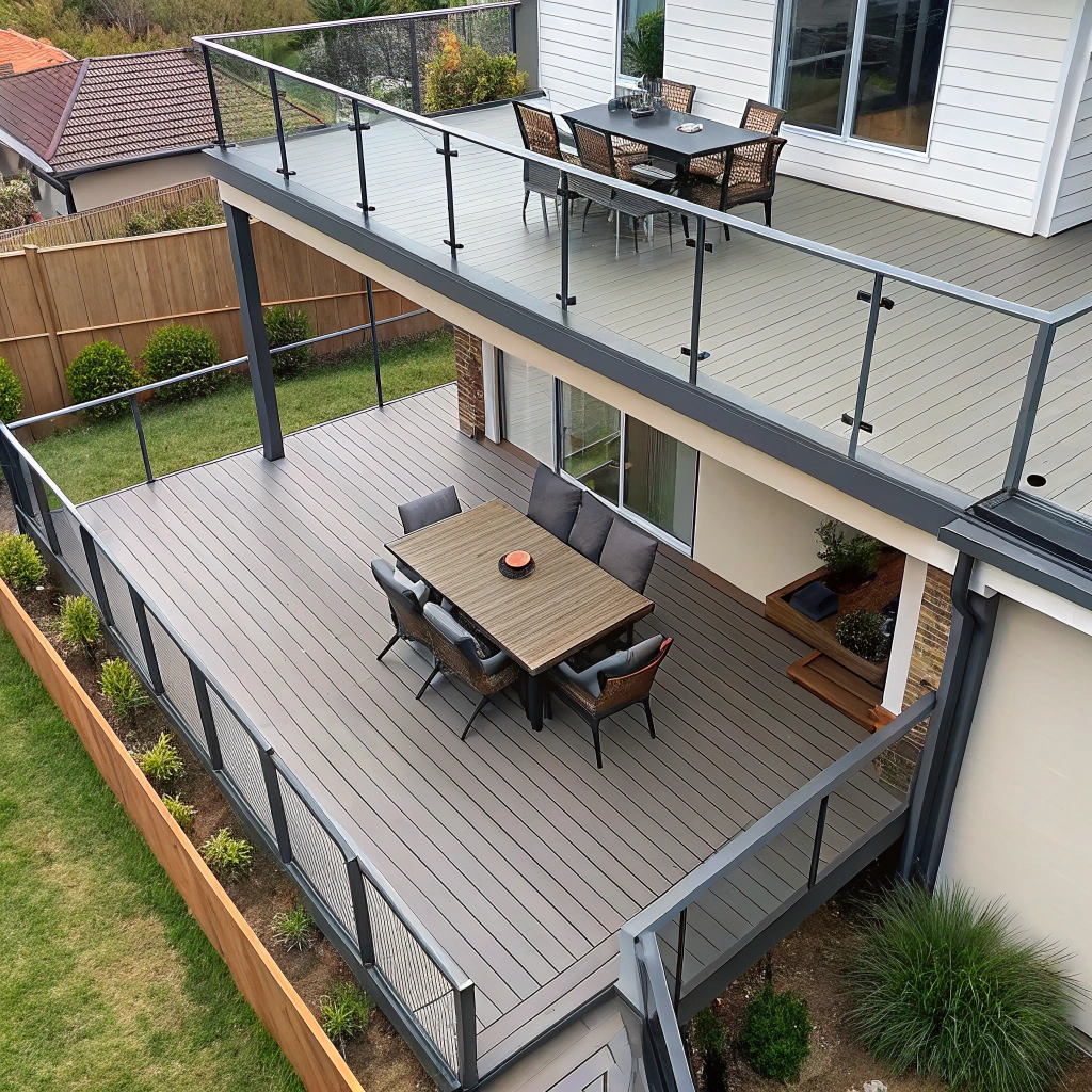 Multi-level deck zone design Newcastle showing dining and lounge areas across tiers