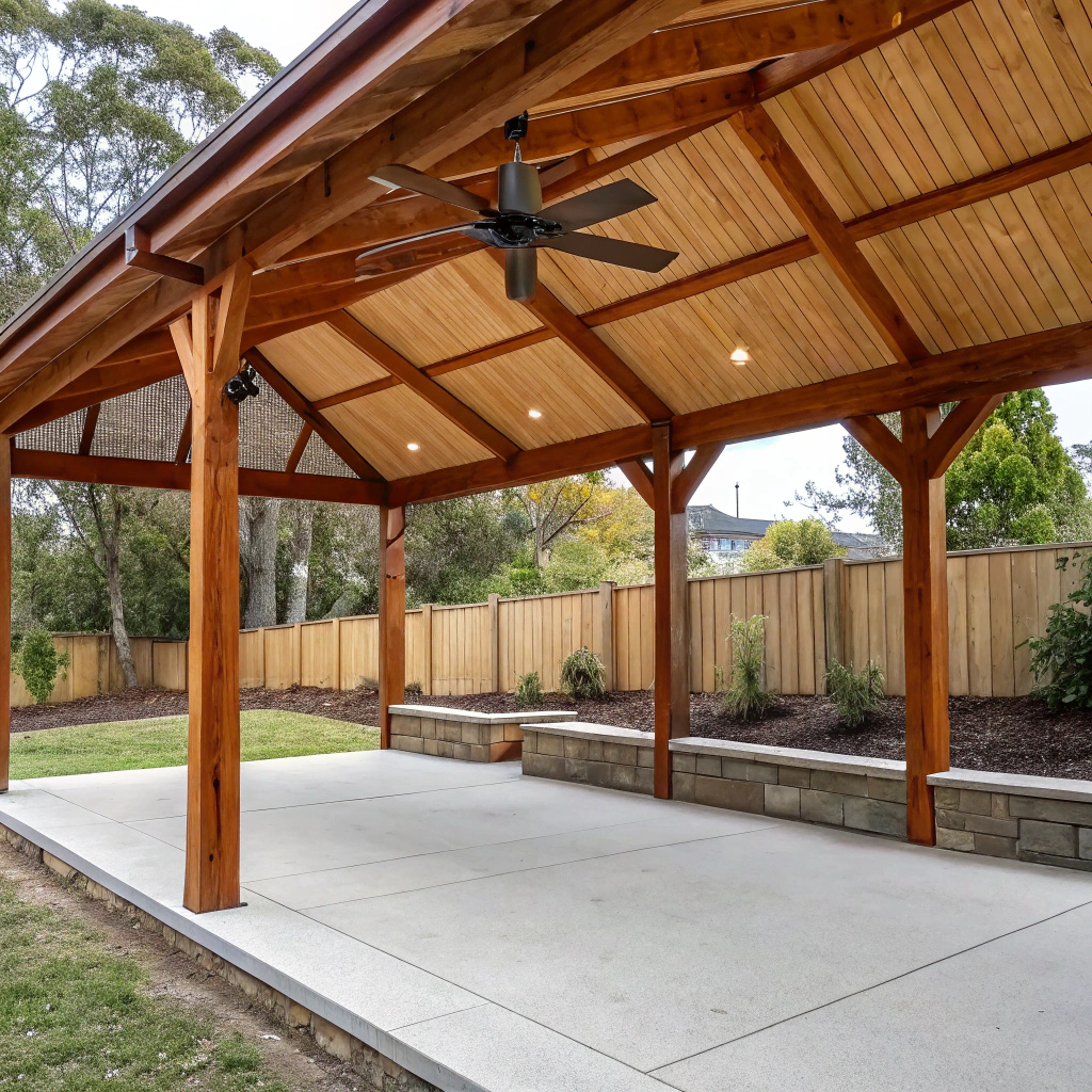 Outdoor pavilion construction Newcastle with Colorbond roof and hardwood framing