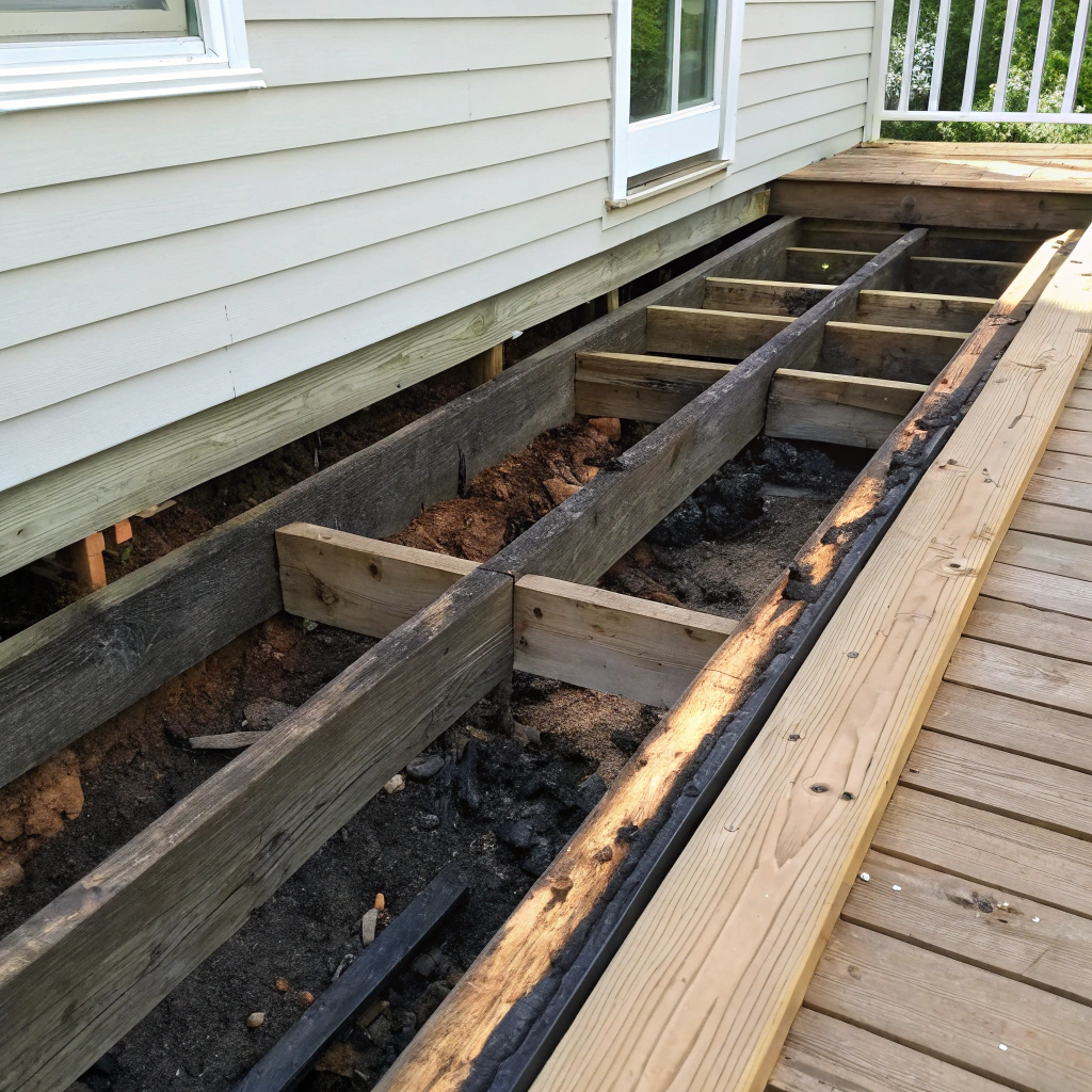Rotted deck joist exposed during subframe inspection Newcastle