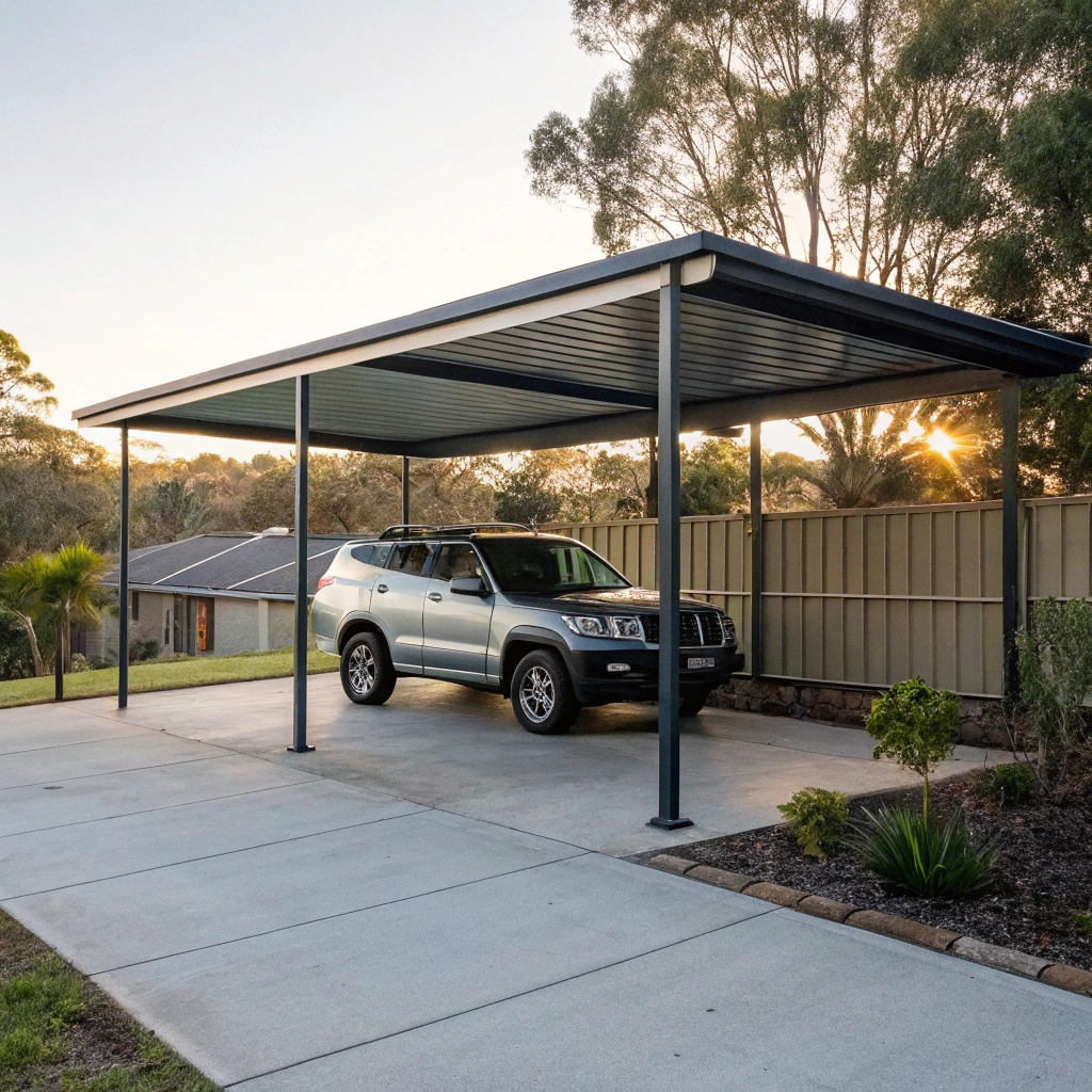 Single freestanding flat-roof carport with Colorbond roofing on a Newcastle residential block