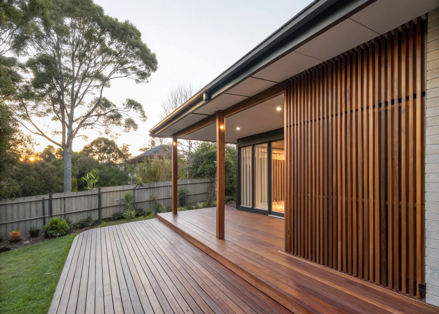 timber batten end wall privacy screen on elevated deck Newcastle