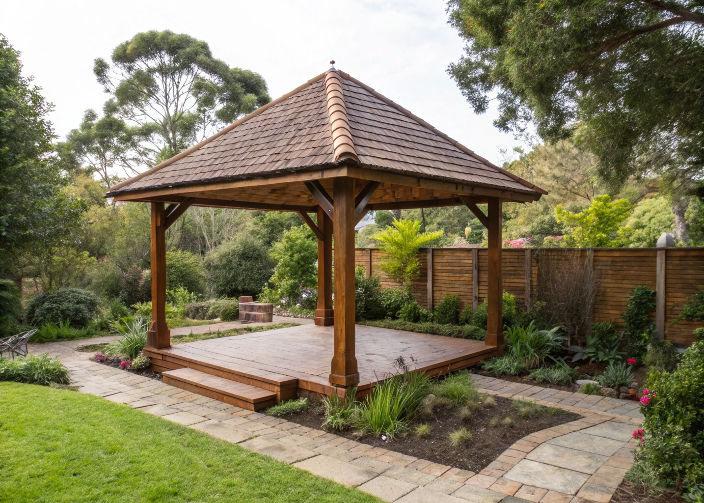 Timber gazebo installed in a Newcastle backyard with established garden surrounds