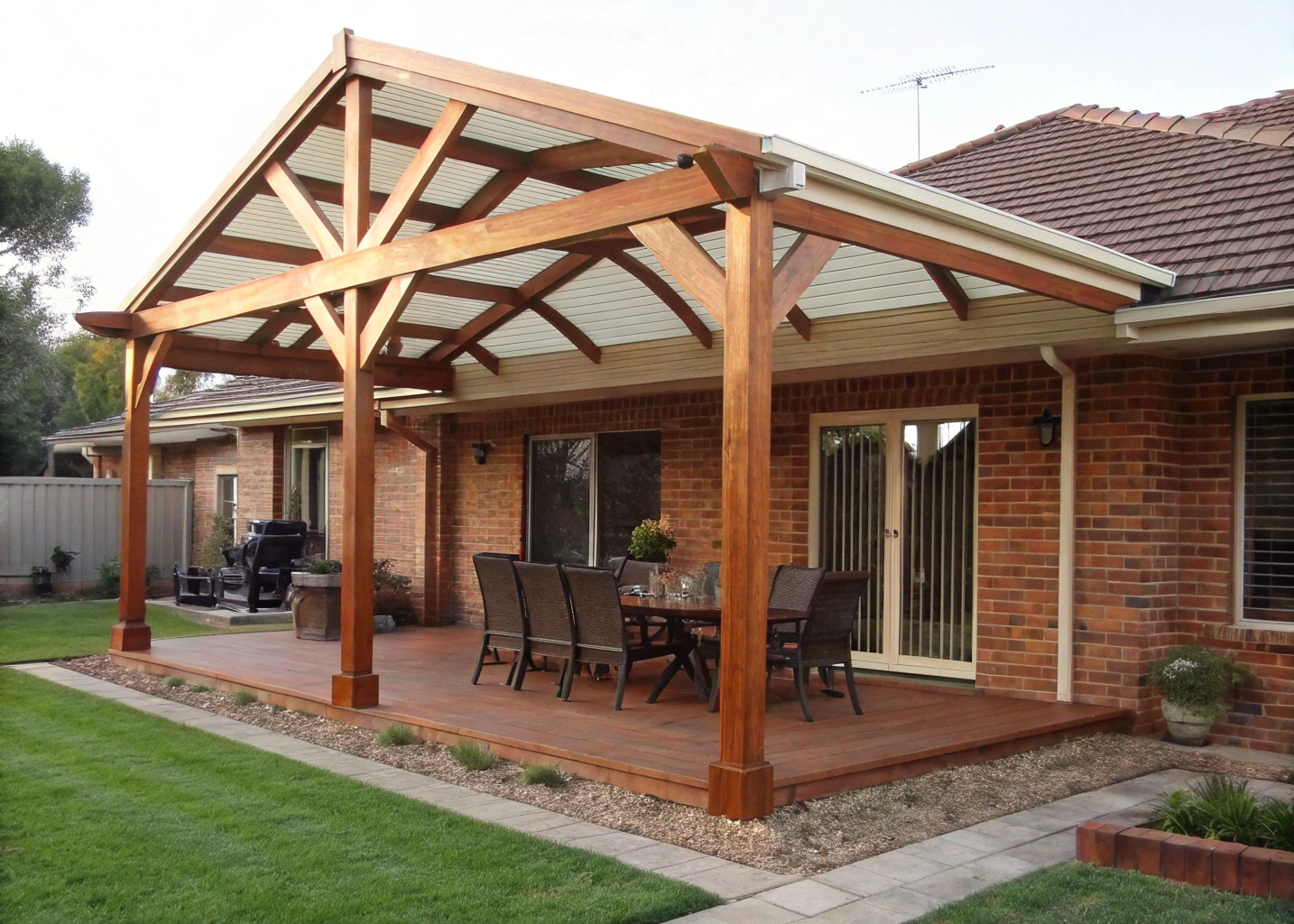 Attached timber pergola with Colorbond roof on a brick veneer home in Newcastle