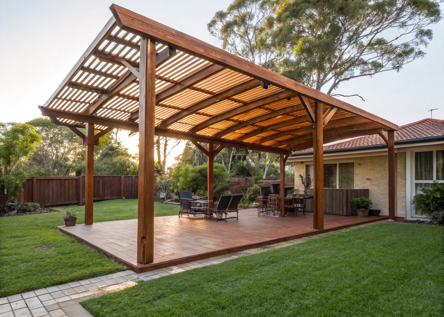 open timber pergola with merbau battens over outdoor entertaining area newcastle backyard