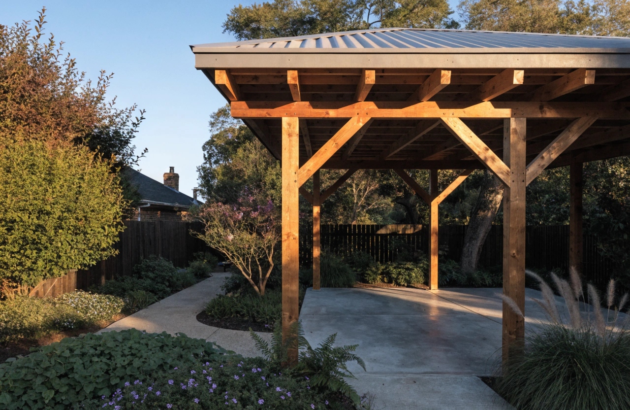 Timber outdoor pavilion with exposed rafters in a Newcastle backyard