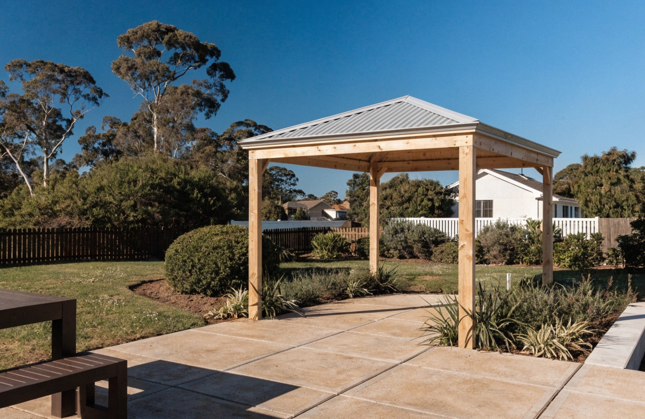 Treated pine gazebo with Colorbond roof over a paved entertaining area