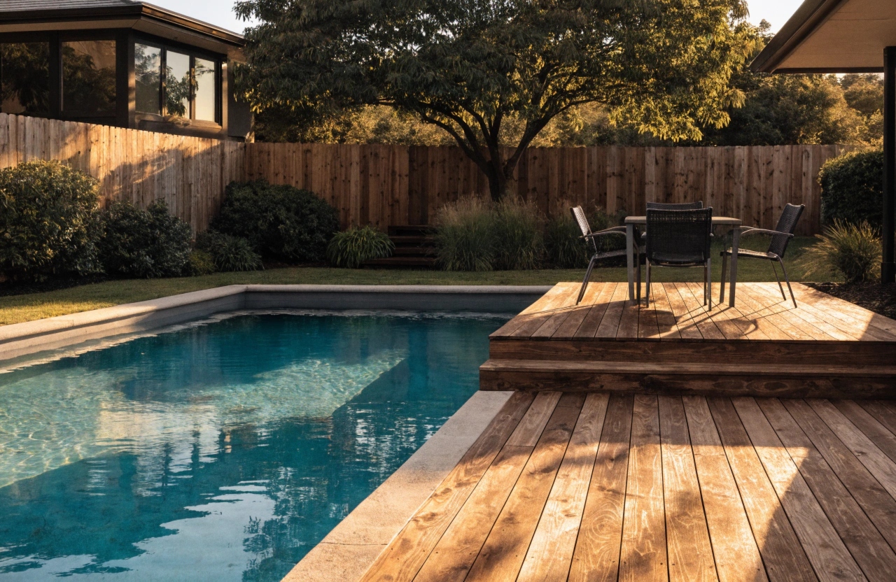 Timber deck and pool area at a suburban family home with outdoor entertaining space