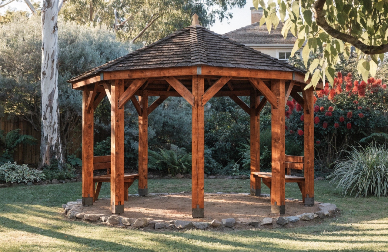 Octagonal Merbau timber gazebo in a landscaped Newcastle backyard
