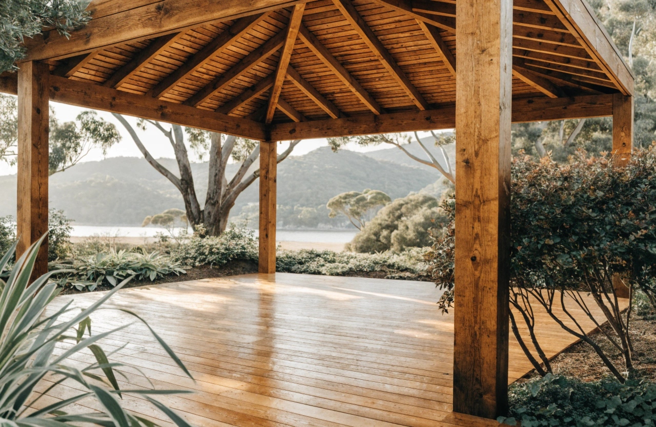 Oiled hardwood gazebo with open batten roof casting dappled shade